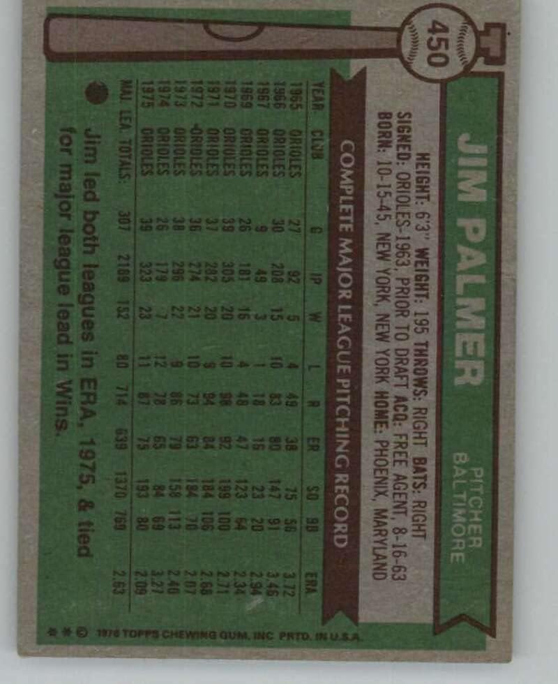 1976 Topps (NM) 450 Jim Palmer Baltimore Orioles MLB Baseball Trading Card