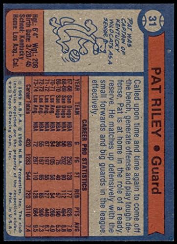 1974 Topps 31 Pat Riley Los Angeles Lakers (Kosárlabda Kártya) EX/MT Lakers Kentucky