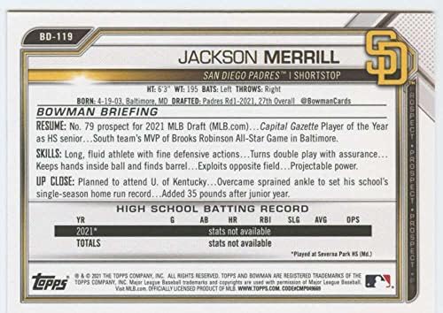 2021 Bowman Tervezet BD-119 Jackson Merrill RC Újonc San Diego Padres MLB Baseball Trading Card