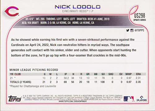 2022 Topps Frissítés US298 Nick Lodolo NM-MT RC Cincinnati Reds Baseball