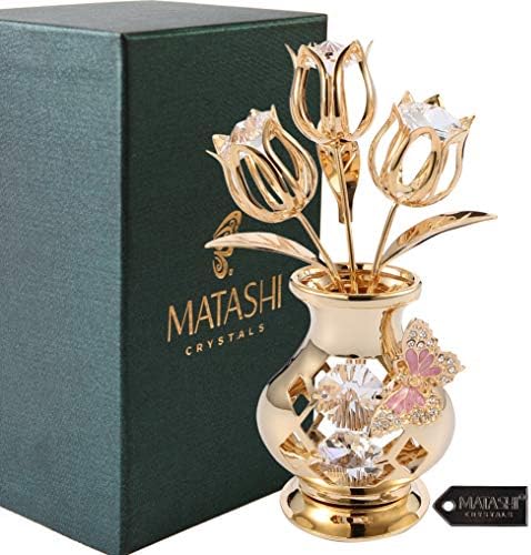 Ajándék Anya - Matashi 24 KARÁTOS Aranyozott Kristály Kirakott Virág Csokrot a Vázába Dekoratív Pillangó Asztali Tökéletes