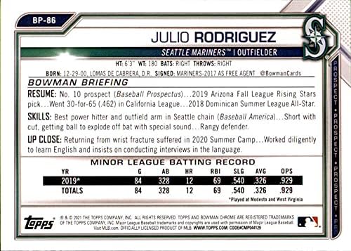 2021 Bowman Chrome Kilátások BCP-86 Julio Rodriguez Seattle Mariners MLB Baseball Trading Card