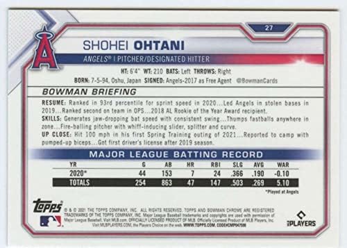 2021 Bowman Chrome 27 Shohei Ohtani Los Angeles az Angyalok MLB Baseball Trading Card