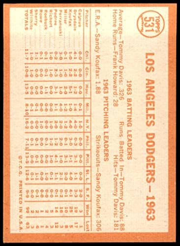 1964 Topps 531 Dodgers Csapat Los Angeles Dodgers (Baseball Kártya) EX/MT Dodgers