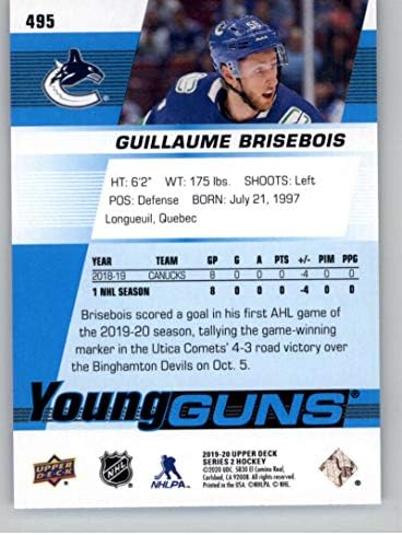 2019-20 Felső szint 495 Guillaume Brisebois Young Guns RC Újonc Vancouver Canucks NHL Jégkorong Trading Card