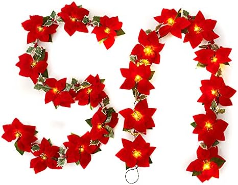 Joyhalo 2 Csomag Karácsonyi Mikulásvirág Garland Fények - elemes Piros Bogyók, Holly Levelek Prelit Garland a Köpeny Kandalló