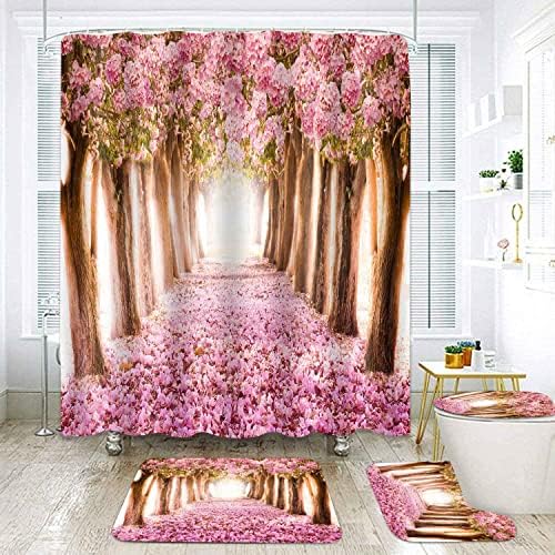 SDDSER Rózsaszín cseresznyevirág Zuhanyzó Függöny Szett, 4DB Sakura Erdő Fürdőszoba Szettek Zuhanyzó Függöny, valamint Szőnyeg,