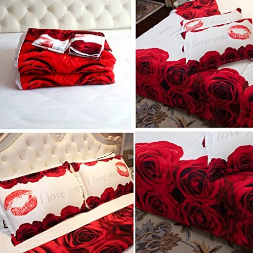 Rózsa Virág, valentin-Ágynemű Paplan Szettek Vörös Rózsa Romantikus Esküvői Ágynemű 3 Darab Rózsa a Szerelem Romantikus Vigasztaló